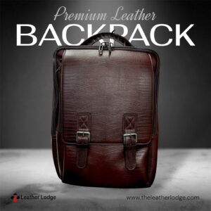 Leather Lodge Backpack With Front Double Belts Croco Dies Brown