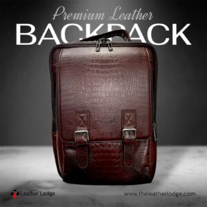Leather Lodge Backpack With Front Double Belts Croco Dies Chocolate